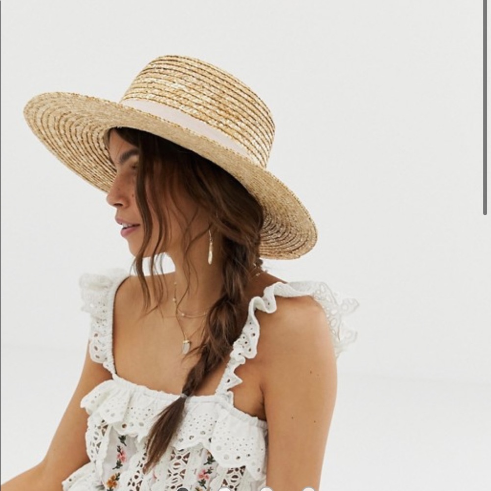 NWT Asos Straw Boater Hat with Pink Ribbon